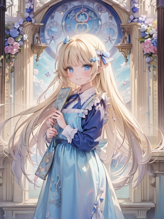 masterpiece, Highest quality, Very detailed, 16K, Ultra-high resolution, Cowboy Shot, Alice in Wonderland, (art nouveau:1.5), -yeld gi Detailed face, smile, blue eyes,Blonde, Long Hair, Ribbon on head, Blue clothes, White apron, In a room with a big clock