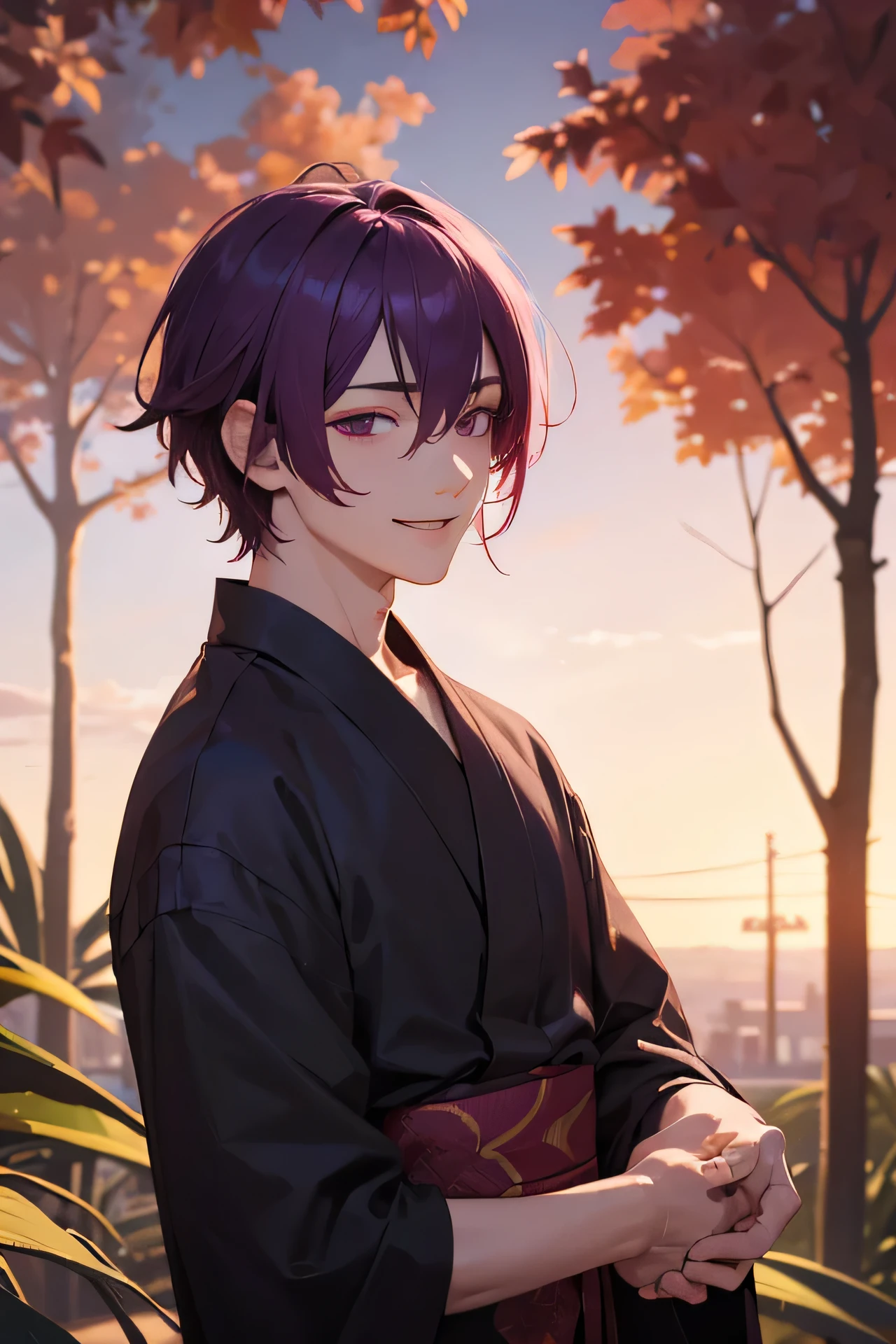 bust up,1 boy, summer sky, very short hair,highest quality, Superlative, detailed Nadityr, male, male, fair skin, scarlet colored inner hair,dark purple color hair, cluster amaryllis in letters black yukata,violet color eyes, smile face,flipped hair,