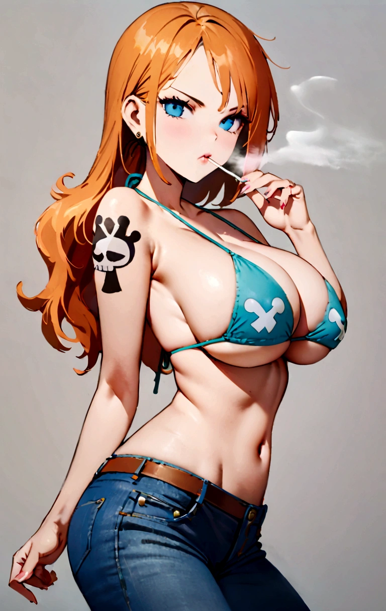 Cartoon photo of a woman in a bikini top and jeans, we one piece, we From 1 piece, we, beautiful portrait of we, From 1 piece, tits, blue eyes, smoking, ponytail, Browsing Caution (nswf:1.5)