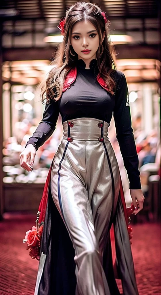 Gorgeous 18 year old Asian girl, war, special effects, magician, detail, monster, movie lighting, atmospheric perspective, 8k, super detail, high detail, high detail, high quality, high resolution, masterpiece, blue red-black gold flashy costume, uninhabited tokyo city shinjuku, long messy wavy brown hair, big breasts, nsfw