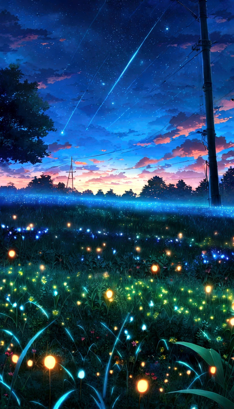 a field full of grass with fireflies in the sky, beautiful anime scene, blue fireflies, anime beautiful peace scene, cosmic skies. by makoto shinkai, anime background art, beautiful anime scenery, fireflies and sparkling wisps, fireflies!!, field of flowers at night, fireflies!!!!, anime nature, anime scenery, fireflies