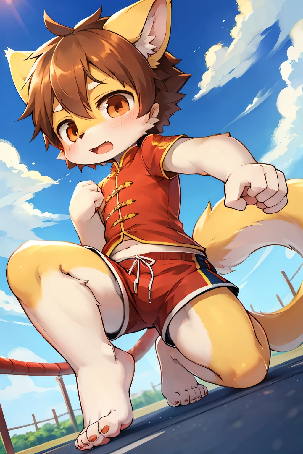 Kemoshota, dynamic angle, kindergarten boy, short height boy, tail, china clothes, bare feet, very mini shorts, punching pose