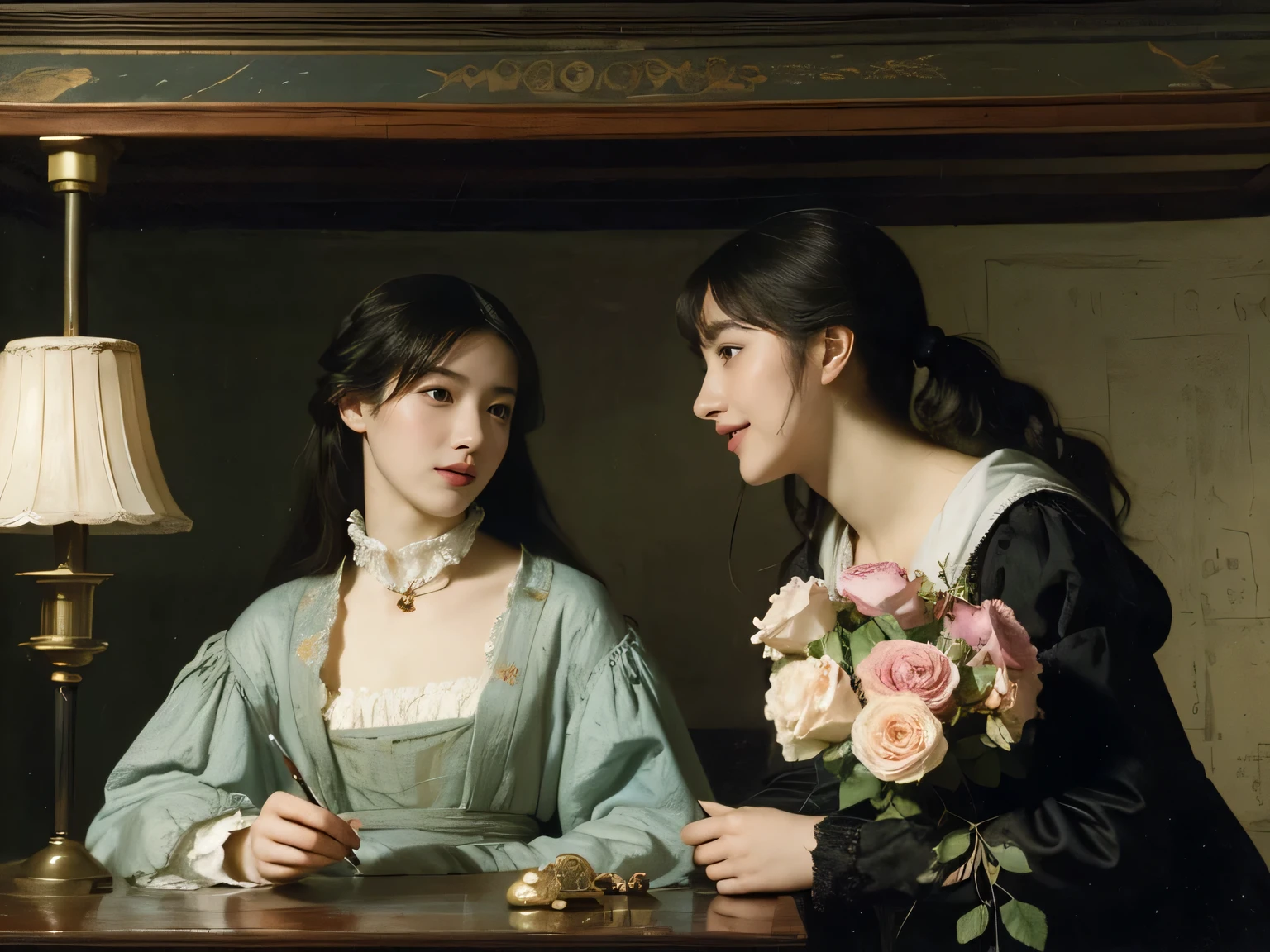 James Whistler painting style,Arguments of two female Philosophe,math、astronomical machine、astronaut、roses in vase、fruits、Cute trinkets、smile、ancient