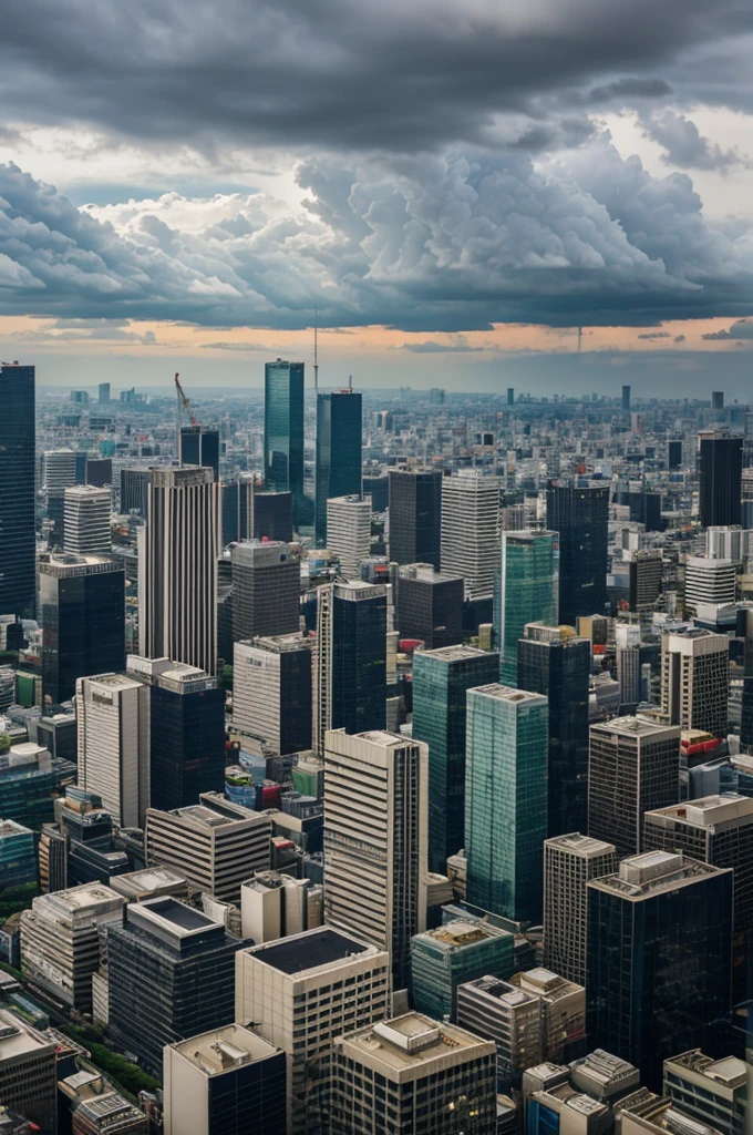 landscape pictures, Rooftop building in the middle of Shinjuku in Japan, The sky is gloomy with thick clouds.
