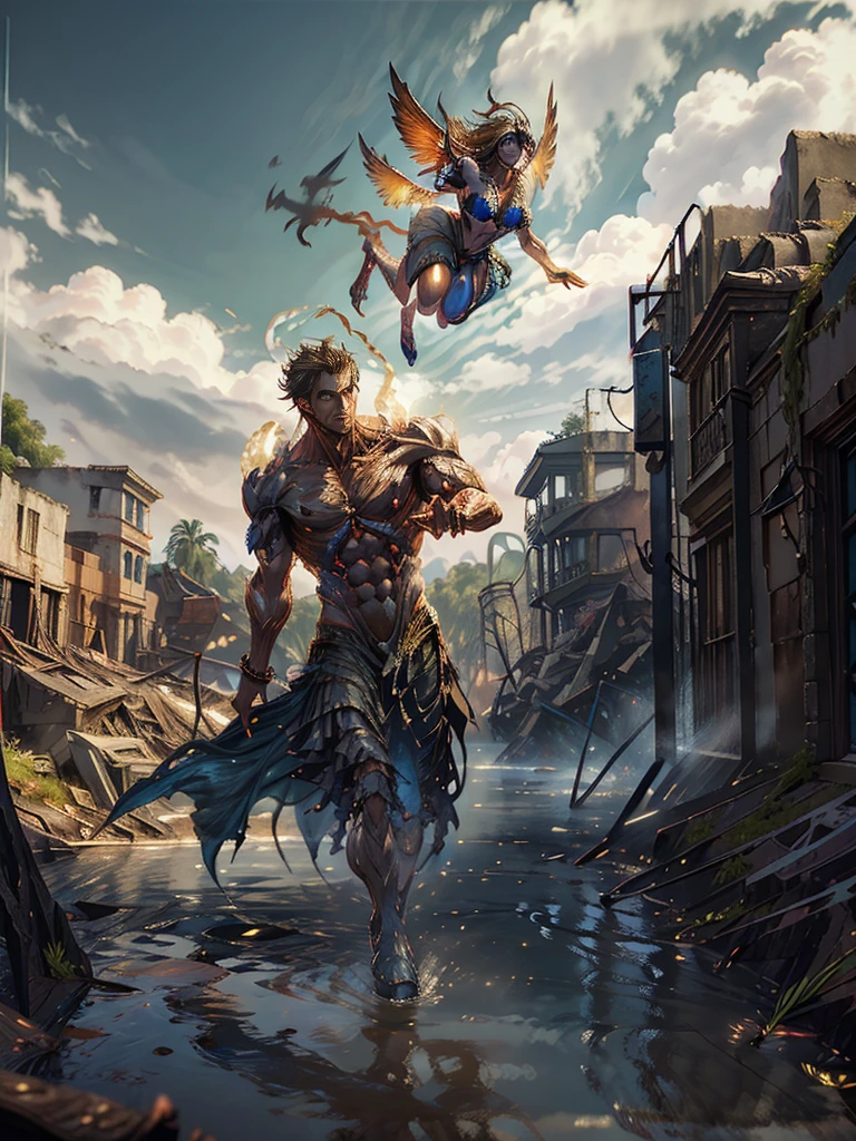 A handsome man, with wings, flying above the sky, visual effect, a man is carrying a woman wearing cloth, in both hands, with the background, a destroyed city, which is filled with murky water, and debris, flowing fast, like tsunami, realistic 3D art