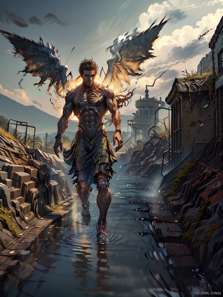A handsome man, with wings, flying above the sky, visual effect, a man is carrying a woman wearing cloth, in both hands, with the background, a destroyed city, which is filled with murky water, and debris, flowing fast, like tsunami, realistic 3D art