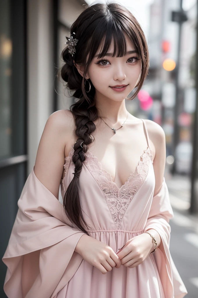 Realistic, masterpiece, Highest quality, Highest Resolution, One Japanese woman, Smile, Fine and beautiful eyes, Sparkling eyes, (With keen eyes:1.4), Thin eyebrows, Gives lashes a delicate finish, False eyelashes, Natural Makeup, (Braided hair, Blunt bangs, Brown Hair:1.2), Detailed face, She is looking slightly to the side, Always observe the audience, Grin, (Cheeks pink:1.2), (Perfect for the warm season、Sexy gothic dress that exposes the chest:1.3), Upper body photo, Portraiture