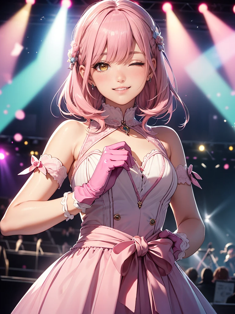 (Awareness-raising:1.1)、(Highest quality)、(masterpiece:1.1)、(Beautiful and vivid background:1.25)、(masterpiece、Highest quality、Ultra-detailed)、(Photorealistic)、(Beautiful and fine details)、Big Stage、Stage lighting、(Pink Hair、Redhead)、
One Girl、alone、Looking at the audience、Cowboy Shot、Upper body、
 Ayumu Uehara、Yellow Eyes、Ruffled Dress、Pastel Pink Dress、A light smile、Depth of written boundary、(Pastel pink gloves:1.4)、Frilled gloves、Sweeping bangs、
Exposing shoulders、Close one eye、Rounded teeth、
Love Pose,Double V,