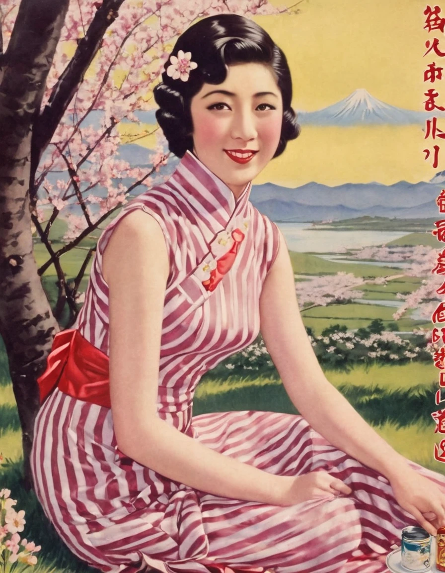 Highest quality、masterpiece、Retro image of a Japanese poster from the 1930s、One young woman、stripe cheongsam、Sitting on a picnic seat outside admiring the cherry blossoms、Close-up