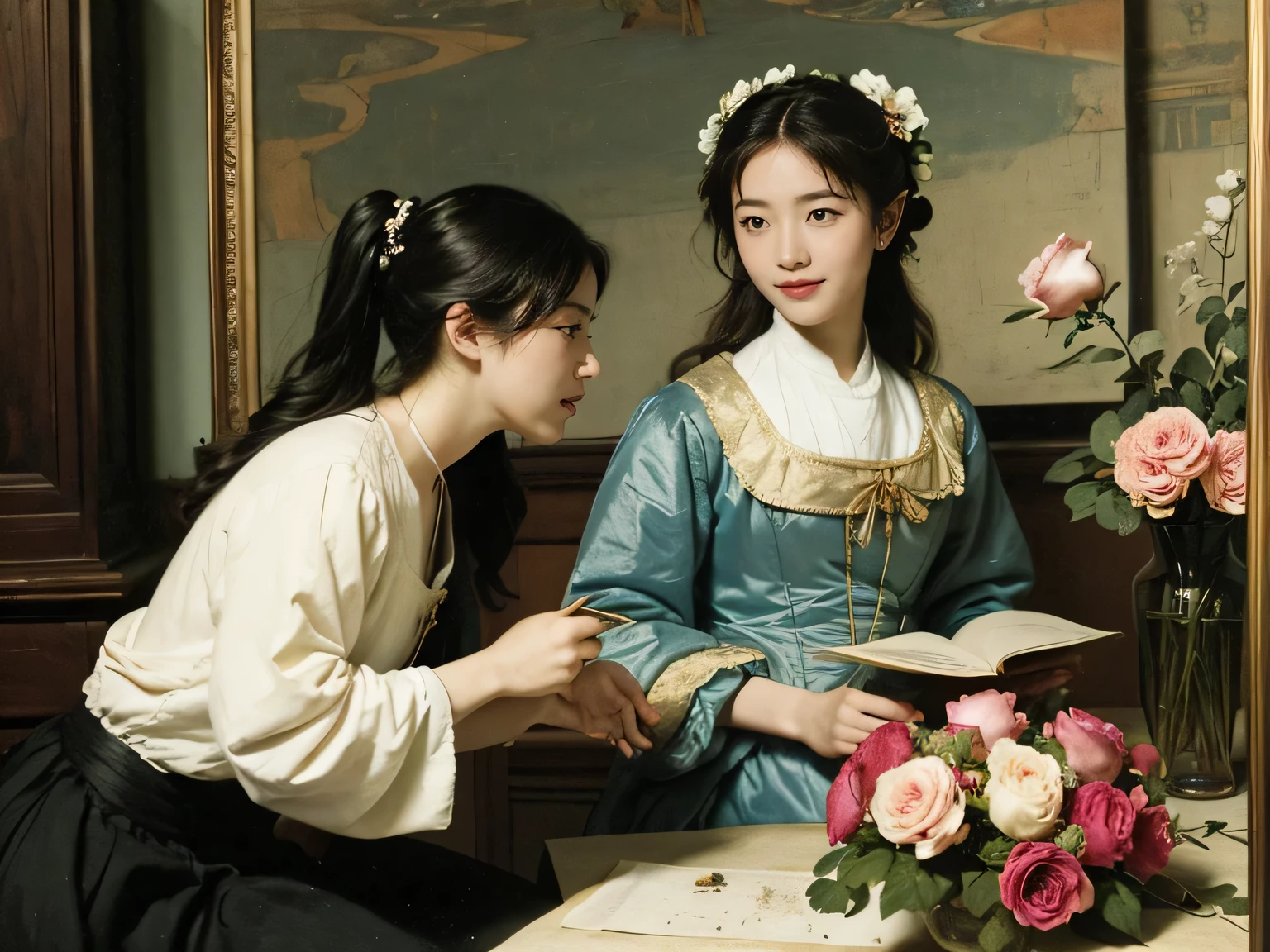 James Whistler painting style,Arguments of two female Philosophe,math、astronomical machine、astronaut、roses in vase、fruits、Cute trinkets、smile、ancient