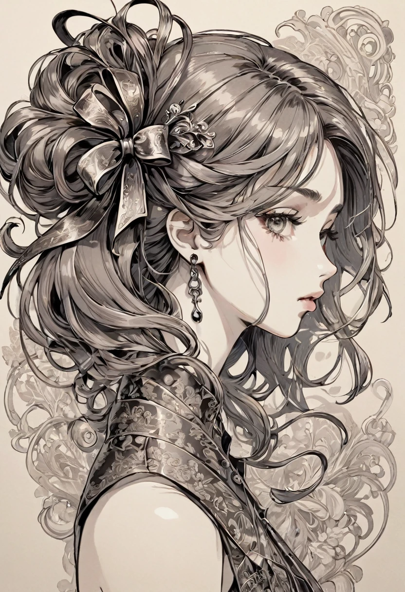 There is a picture of a safety pin., ornamental bow, Exquisite ink painting, Ink Artwork, Very fine line drawing, Masterpiece Ink Illustrations, Ink illustration with shadows, Highly detailed line art, Art Nouveau ink illustrations, Detailed ink illustration, Very detailed sketch, intricate detailed illustration, Thick Bow, Detailed ink drawing, Detailed illustrations,