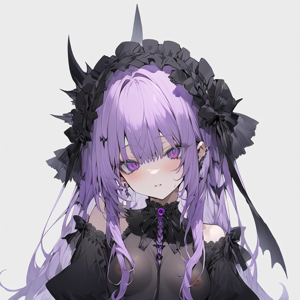 full_nude,Estrus Nipples nipple 乳頭 紫色の髪とblackいリボンの付いたblackいドレスを着たアニメの, Gothic Maiden, black, , Bright purple eyes,