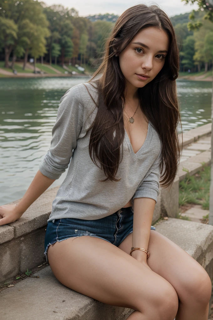 1girl in, 30 years old, Square face, Long hair, Looking at viewer, jewelry, Reality, Sexy, student clothes , Lake backdrop , resting position