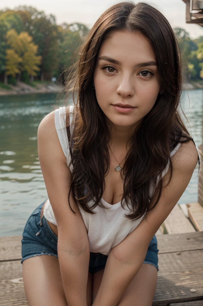 1girl in, 30 years old, Square face, Long hair, Looking at viewer, jewelry, Reality, Sexy, student clothes , Lake backdrop , resting position