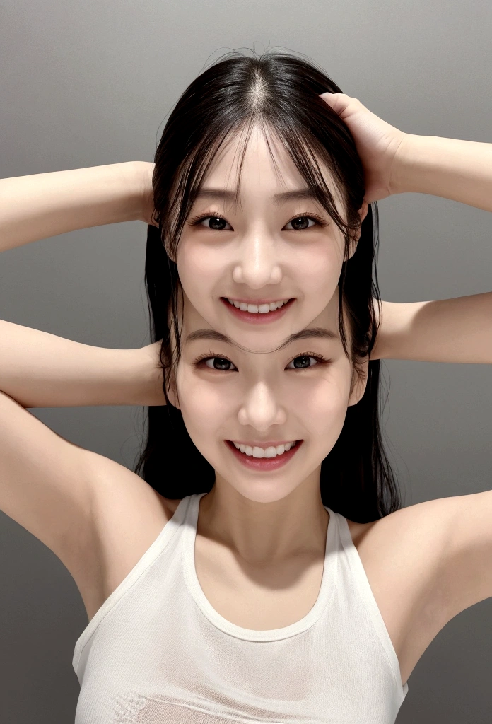 Place your hands on your head、Show your side、1people、Delicate skin quality、日本people、((Highest quality, 4K, Masterpiece: 1.3)), Beautiful style: 1.4, Long black hair, White short tank top, Large Breasts, Wet body, Sweaty, Place your arms on your hips, smile, Teacher Outfit, Highly detailed face and skin texture, Fine grain, double eyelid、The whole body is visible、White teeth、Teaching lessons