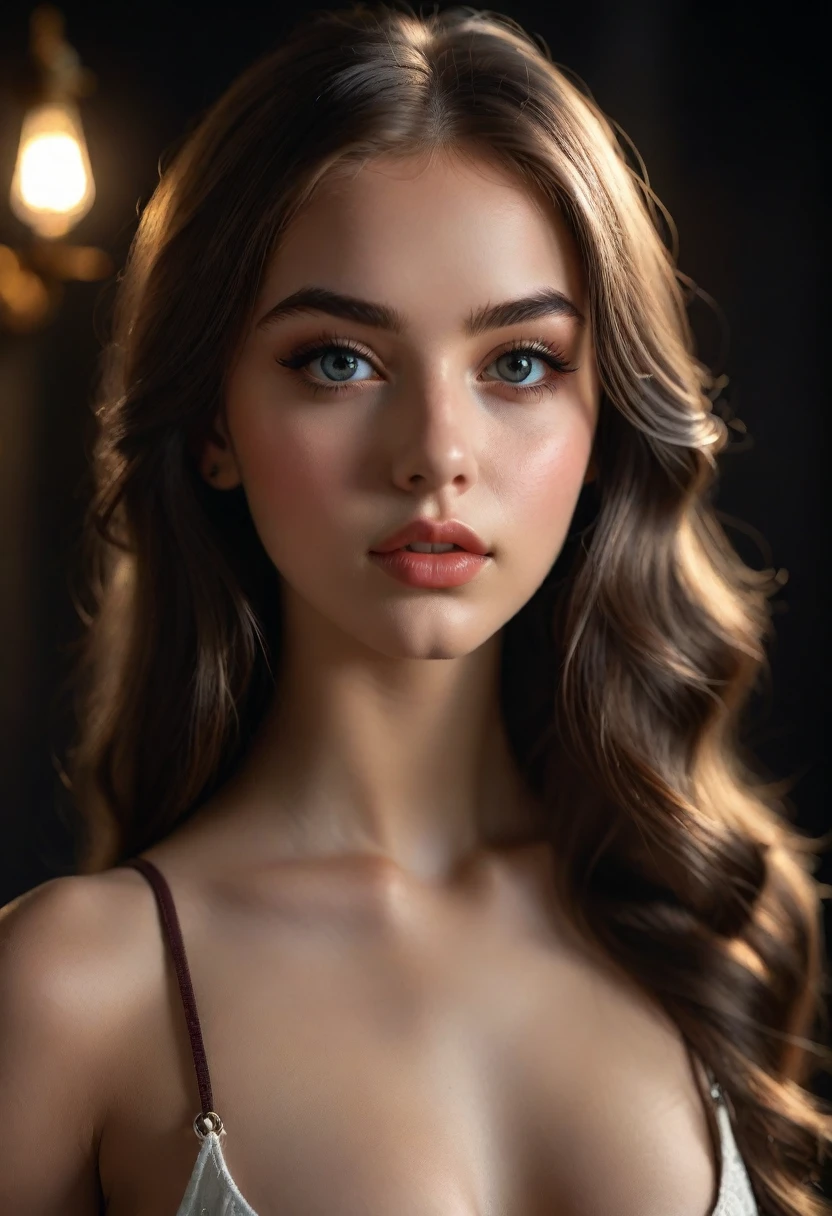 a girl, beautiful detailed eyes, beautiful detailed lips, extremely detailed eyes and face, long eyelashes, gorgeous hair, elegant pose, sensual expression, perfect skin, shapely figure, nude full body, playboy model pose, standing, highres, 8k, photorealistic, cinematic lighting, dramatic shadows, vivid colors, moody atmosphere, artistic style