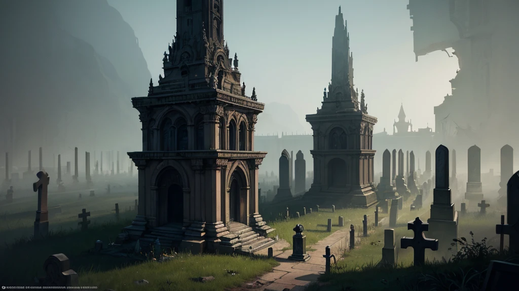 A death metal artwork/ a dead hand merging from cemetary ground/ dozen of old sepultures in the background/ gloomy light from above/""detailed matte painting, deep color, fantastical, intricate detail, splash screen, complementary colors, fantasy concept art, 8k resolution trending on Artstation Unreal Engine 5