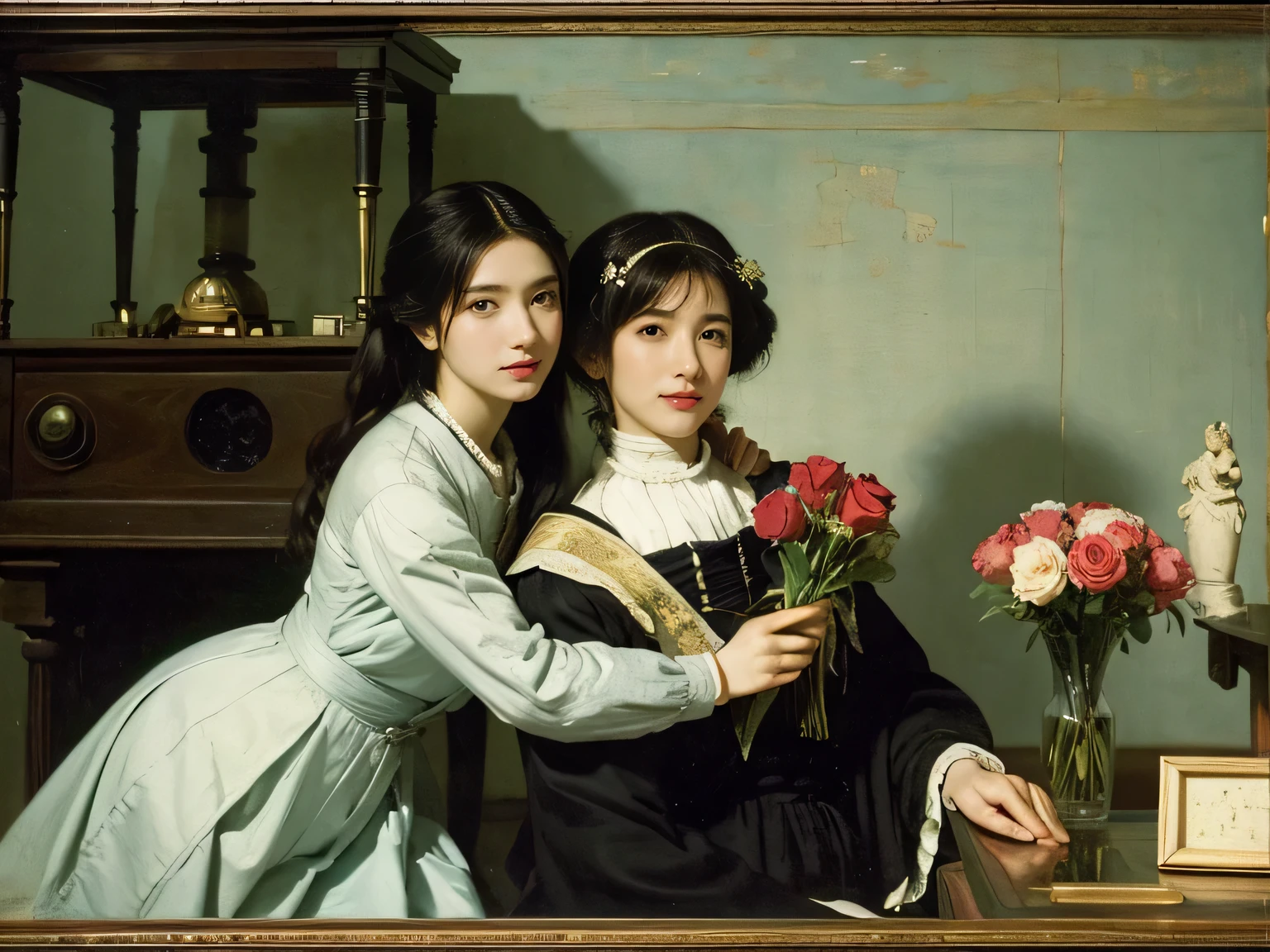 James Whistler painting style,Arguments of two female Philosophe,math、astronomical machine、astronaut、roses in vase、fruits、Cute trinkets、smile、ancient