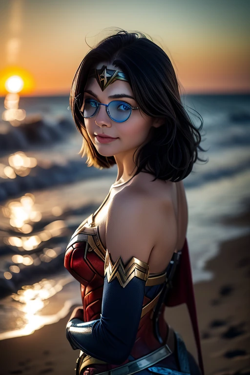 kate, Short black hair with blue highlights, gazing at viewer, blue colored eyes, (( round glasses )), perfectbody, sensuous, ((Wonder Woman)), ((fully body, )), beachfront, SUNSET, Calm Sea. going, gazing at viewer, Grinning, shy, Grinning, totally blushed, from behind, close-up