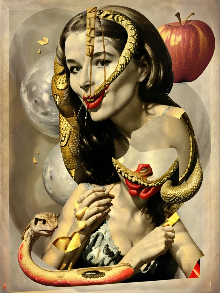 a collage of a woman eating Apple und with a Snake in the background