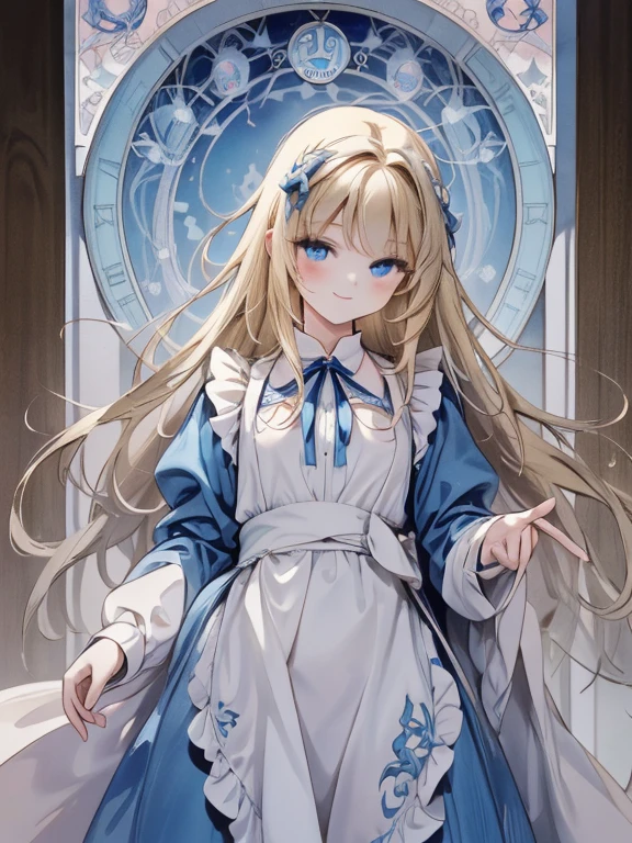 masterpiece, Highest quality, Very detailed, 16K, Ultra-high resolution, Cowboy Shot, Alice in Wonderland, (art nouveau:1.5), -yeld gi Detailed face, smile, blue eyes,Blonde, Long Hair, Ribbon on head, Blue clothes, White apron, In a room with a big clock