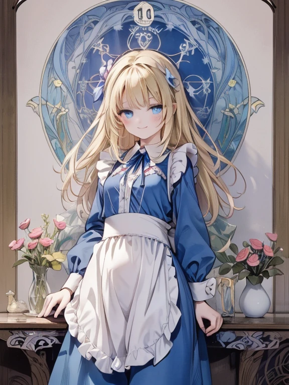 masterpiece, Highest quality, Very detailed, 16K, Ultra-high resolution, Cowboy Shot, Alice in Wonderland, (art nouveau:1.5), 10-year-old girl, Detailed face, smile, blue eyes,Blonde, Long Hair, Ribbon on head, Blue clothes, White apron, In a room with a big clock