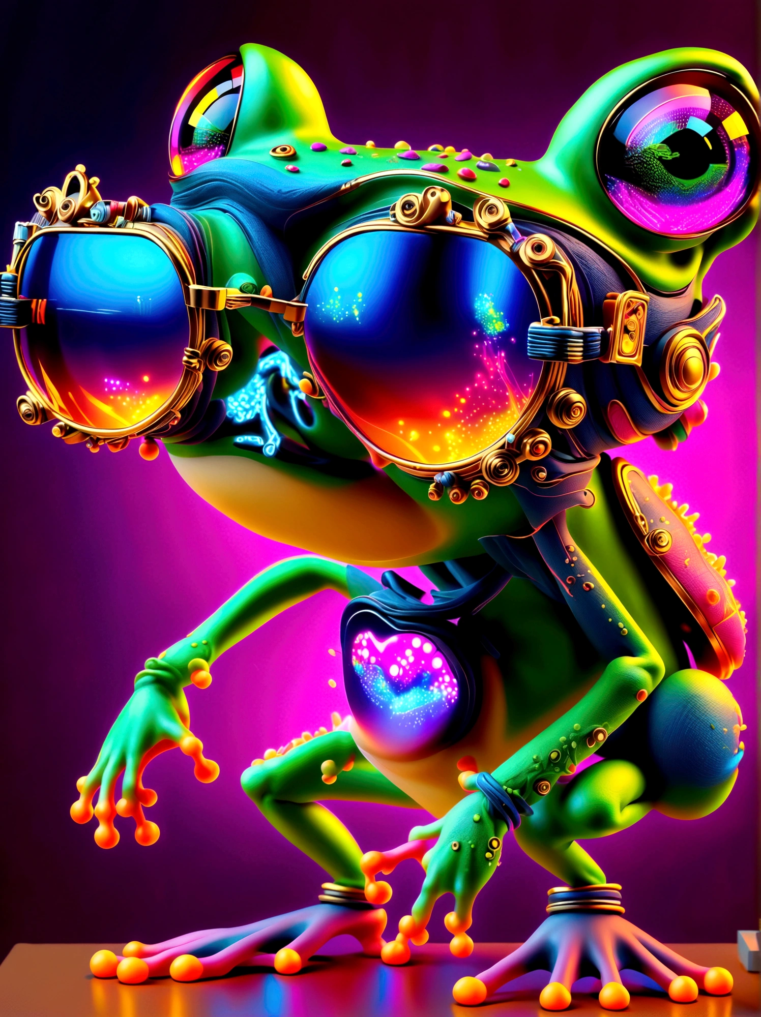 (Frog glasses:1.3)，A digital illustration of a cartoon frog in a vibrant virtual reality world where neon lights and colorful holograms dominate. Inspired by pop art and graffiti, the frog displays a dynamic dancing pose. The scene incorporates elements of digital painting and glowing effects evoking an atmosphere that resembles the style of cyberpunk culture with an explosive energy