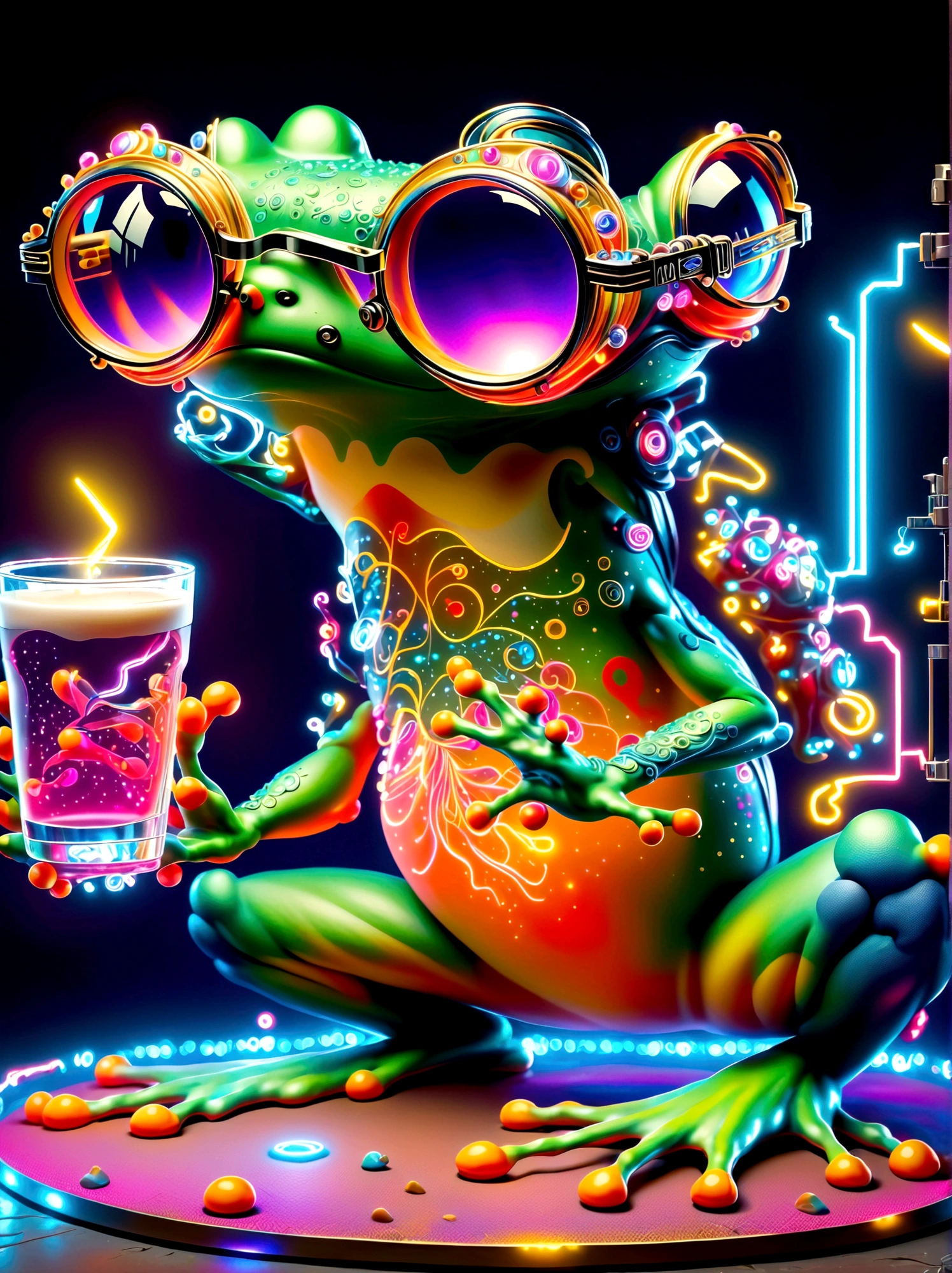 (Frog glasses:1.3)，A digital illustration of a cartoon frog in a vibrant virtual reality world where neon lights and colorful holograms dominate. Inspired by pop art and graffiti, the frog displays a dynamic dancing pose. The scene incorporates elements of digital painting and glowing effects evoking an atmosphere that resembles the style of cyberpunk culture with an explosive energy