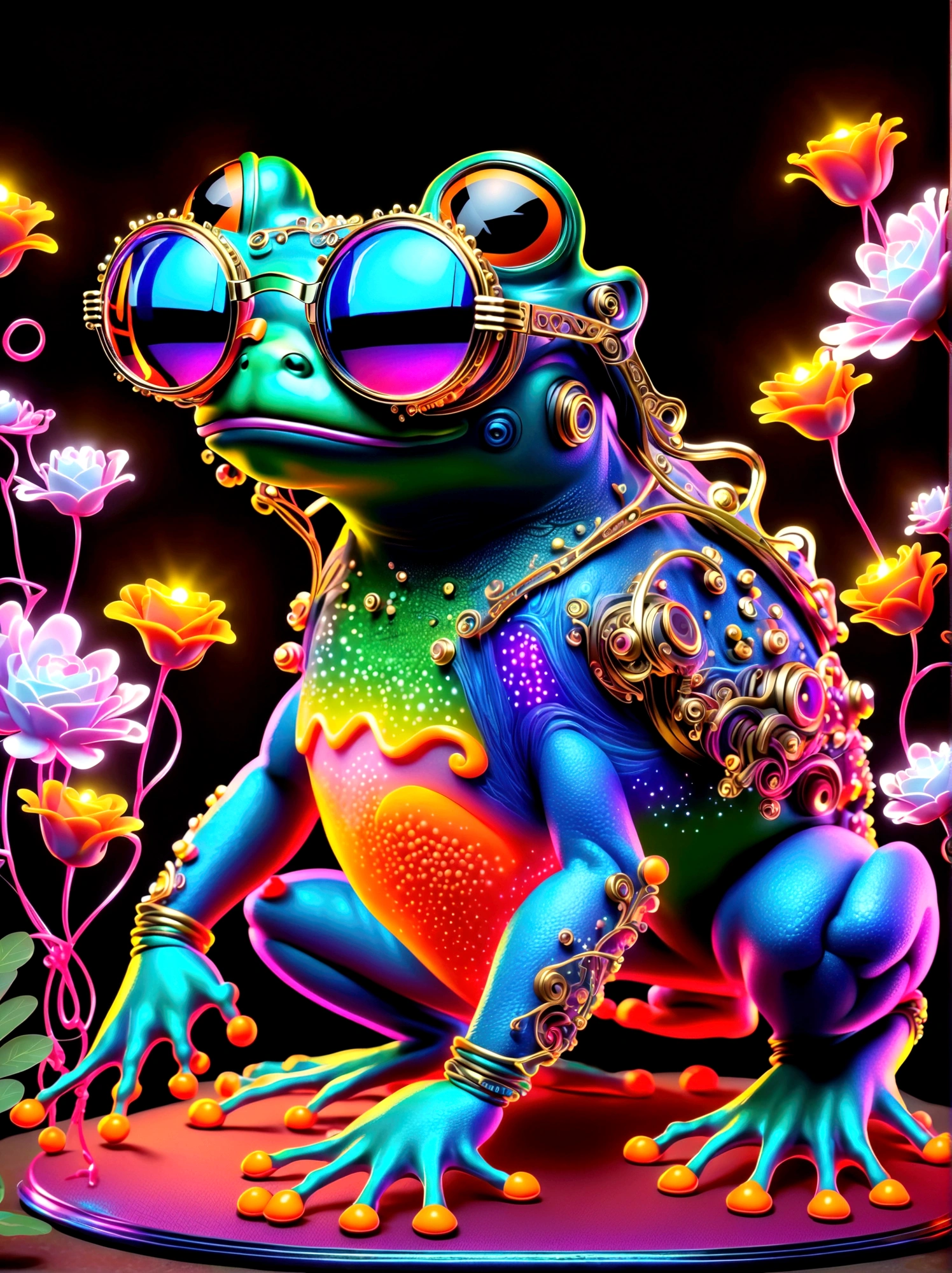 (Frog glasses:1.3),A digital illustration of a cartoon frog in a vibrant virtual reality world where neon lights and colorful holograms dominate. Inspired by pop art and graffiti, the frog displays a dynamic dancing pose. The scene incorporates elements of digital painting and glowing effects evoking an atmosphere that resembles the style of cyberpunk culture with an explosive energy