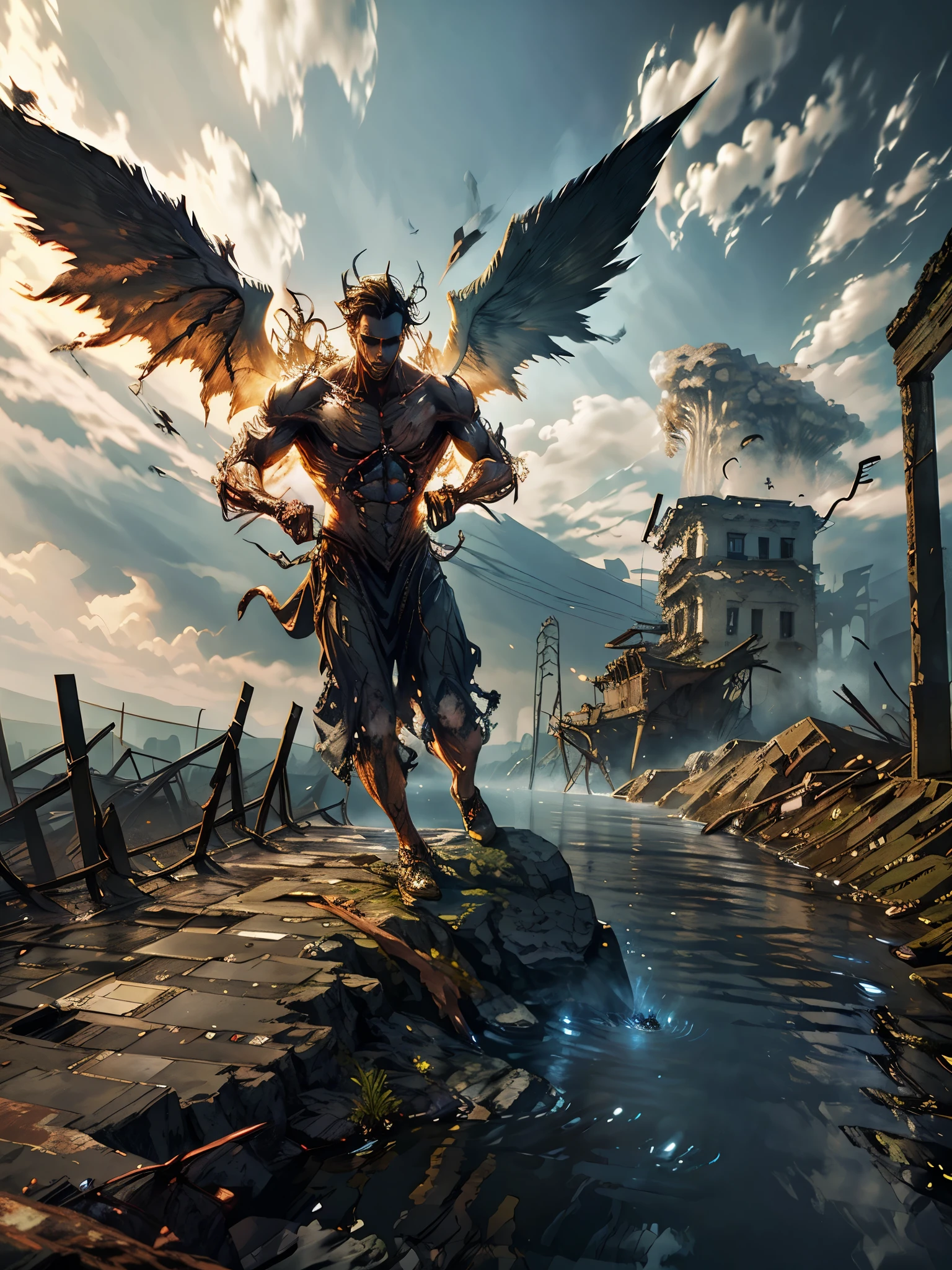 A handsome man, with wings, flying above the sky, visual effect, a man is carrying a woman wearing cloth, in both hands, with the background, a destroyed city, which is filled with murky water, and debris, flowing fast, like tsunami, realistic 3D art