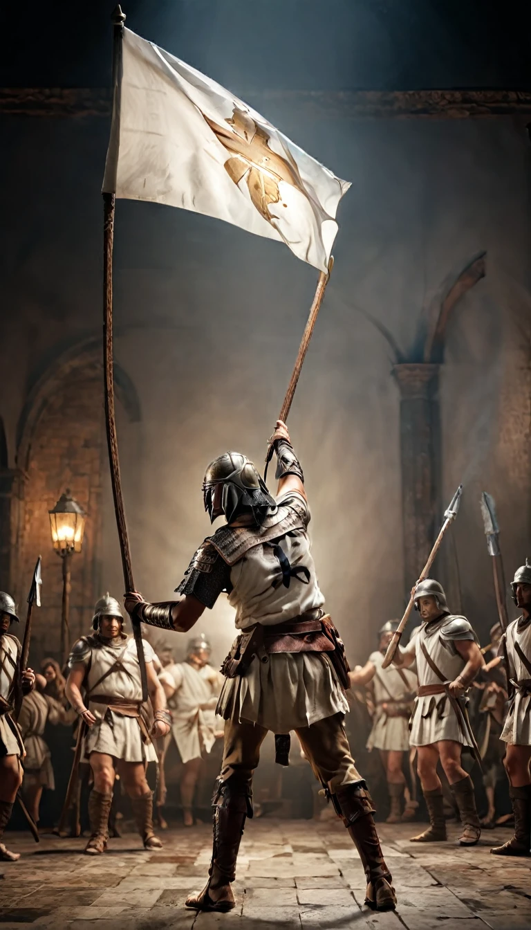 An artistic rendition of an ancient battle with a white flag raised in surrender, holding a white flag, hyper realistic, ultra detailed hyper realistic, photorealistic, Studio Lighting, reflections, dynamic pose, Cinematic, Color Grading, Photography, Shot on 50mm lens, Ultra-Wide Angle, Depth of Field, hyper-detailed, beautifully color, 8k, golden light from the front,