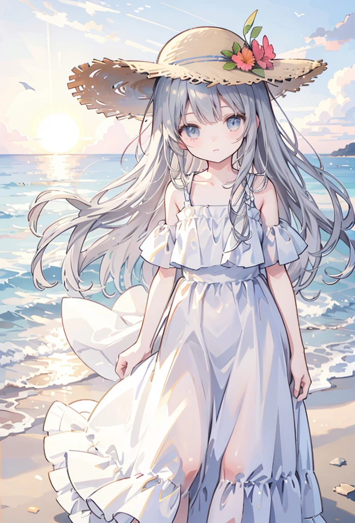 sunset、coastal、Sandy Beach、Straw hat、Fluttering in the wind、Long Hair、Gray Hair、Long skirt