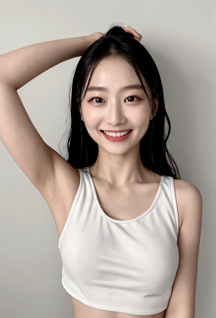 Place your hands on your head、Show your side、1people、Delicate skin quality、日本people、((Highest quality, 4K, Masterpiece: 1.3)), Beautiful style: 1.4, Long black hair, White short tank top, Large Breasts, Wet body, Sweaty, Place your arms on your hips, smile, Teacher Outfit, Highly detailed face and skin texture, Fine grain, double eyelid、The whole body is visible、White teeth、Teaching lessons