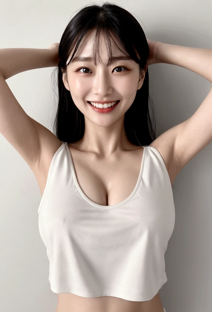 Place your hands on your head、Show your side、１people、Delicate skin quality、日本people、((Highest quality, 4K, Masterpiece: 1.3)), Beautiful style: 1.4, Long black hair, White short tank top, Large Breasts, Wet body, Sweaty, Place your arms on your hips, smile, Teacher Outfit, Highly detailed face and skin texture, Fine grain, double eyelid、The whole body is visible、White teeth、Teaching lessons