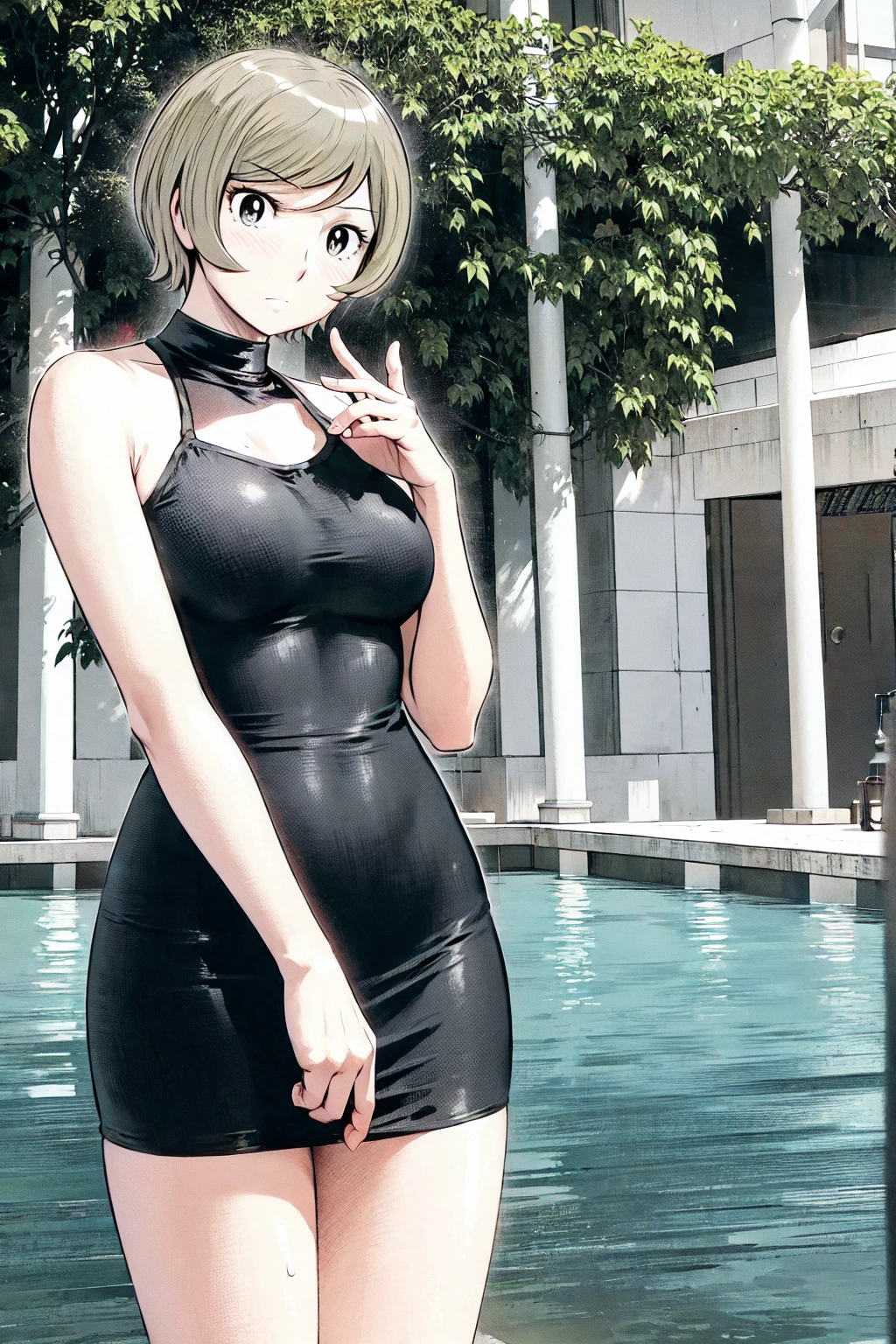 、(masterpiece、Highest quality)、Highest quality, Ultra-high resolution, (((masterpiece))), alone, Sweat、Big eyes, No sleeve、Outdoor、Floral dress、Composition from the front、(Cut the back hair short、short hair、blonde、woman)、Shortcuts、Embarrassed face、Cut your hair short、可愛いwomanの子、Big Breasts、NSFW