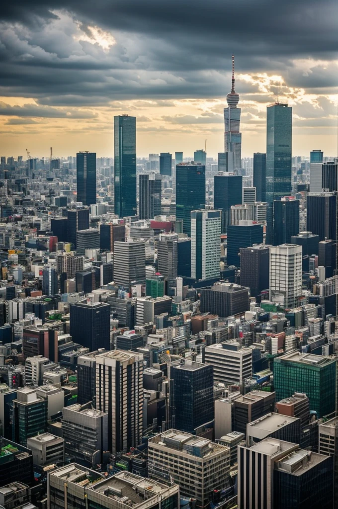 Rooftop building in the middle of Shinjuku in Japan, can see the city in the background. The sky is gloomy with thick clouds.
