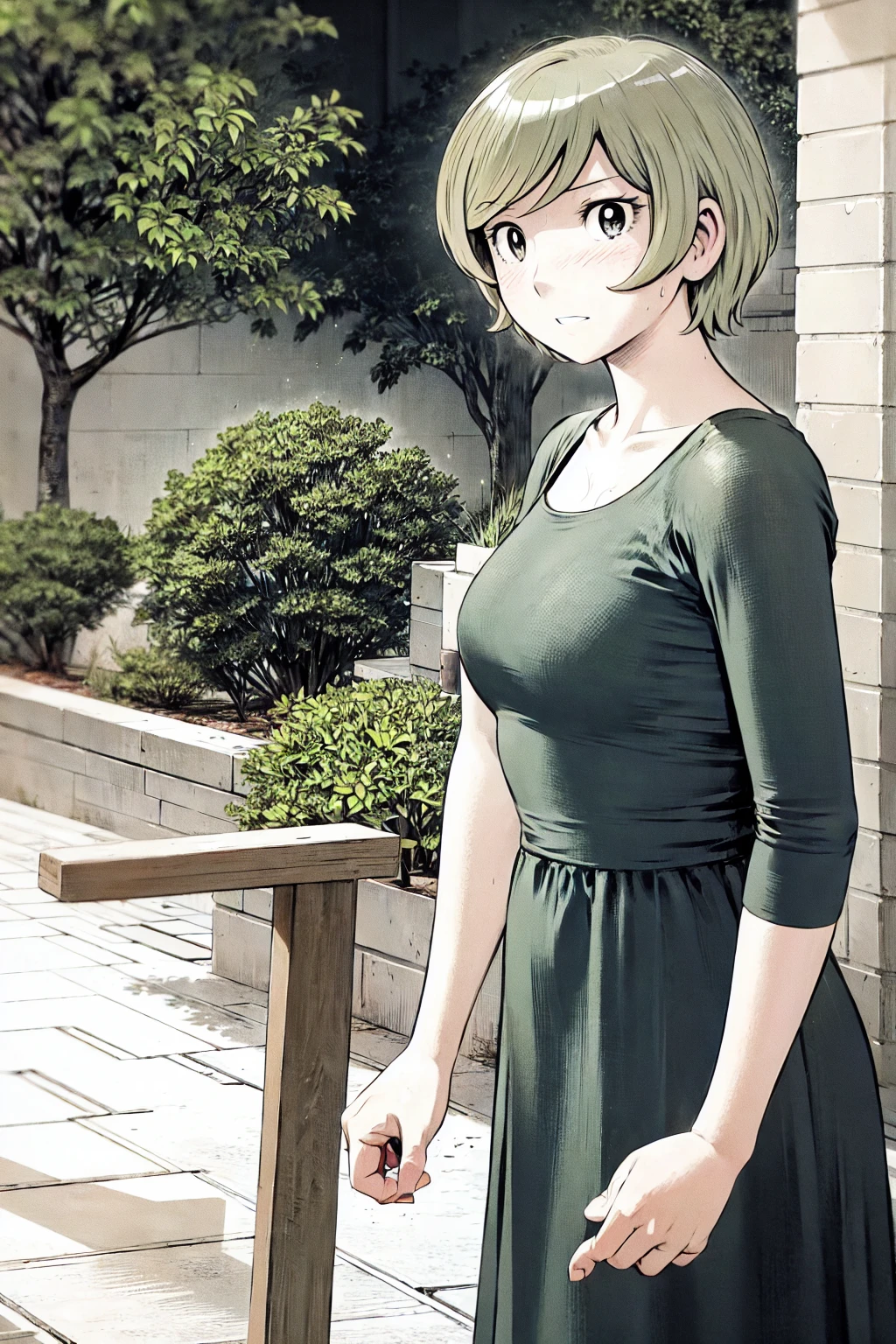 、(masterpiece、Highest quality)、Highest quality, Ultra-high resolution, (((masterpiece))), alone, Sweat、Big eyes, No sleeve、Outdoor、Floral dress、Composition from the front、(Cut the back hair short、short hair、blonde、woman)、Shortcuts、Embarrassed face、Cut your hair short、可愛いwomanの子、Big Breasts、NSFW