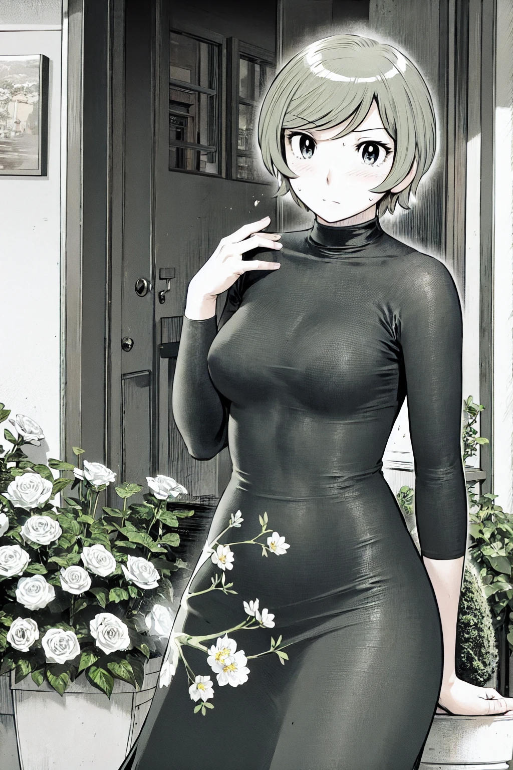 、(masterpiece、Highest quality)、Highest quality, Ultra-high resolution, (((masterpiece))), alone, Sweat、Big eyes, No sleeve、Outdoor、Floral dress、Composition from the front、(Cut the back hair short、short hair、blonde、woman)、Shortcuts、Embarrassed face、Cut your hair short、可愛いwomanの子、Big Breasts、NSFW