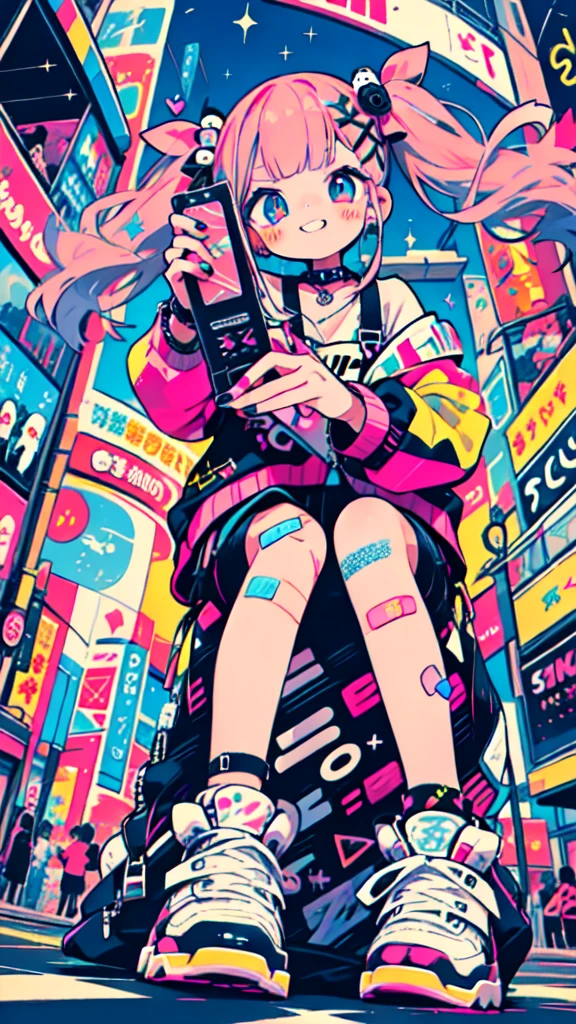 1 girl, vista from below, from below, perspective, low angle, There is a girl on the public street in Shibuya, holding a flip phone in his hand, She has long painted nails with decorations, nail art, She has hot pink hair in long pigtails with bangs., His eyes are blue and have spirals in them, spiral pupil, decora, hair clips, accessories, Hair ornaments, Band-aid on knees and arm, x band aid, showy, She wears kawaii clothes, You can see the city buildings in the background and the shopping center "shibuya109", She is happy and decorated with glitter, Sparkles and beads, Dazzling accessories
