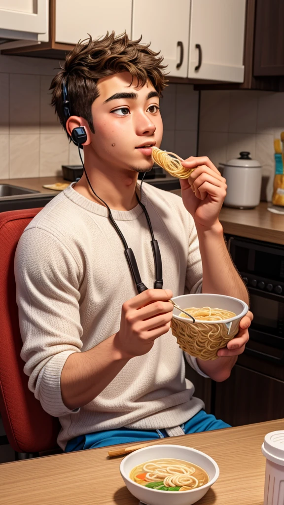 A young man eating ramen noodles, wearing earphones