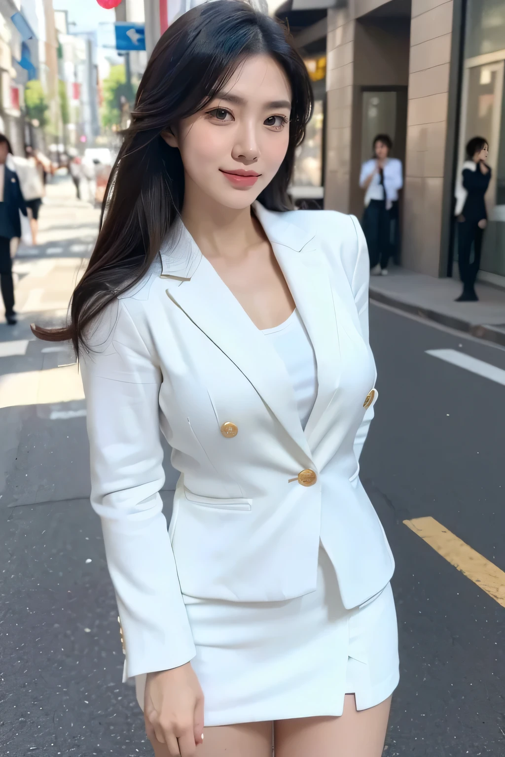 (8k, best quality, masterpiece, golden ratio composition,:1.3),(A beautiful Japanese mature female, 34 years old, Asian face, white suit, white mini skirt,smile:1.2), (huge breasts:1.1), (Zoom out shot:1.3), city,