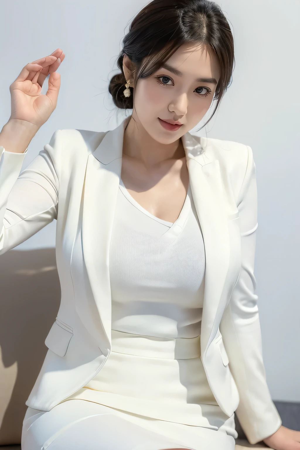 (8k, best quality, masterpiece, golden ratio composition,:1.3),(A beautiful Japanese mature female, 34 years old, Asian face, white suit, white mini skirt,smile:1.2), (huge breasts:1.1), (Zoom out shot:1.3), city,