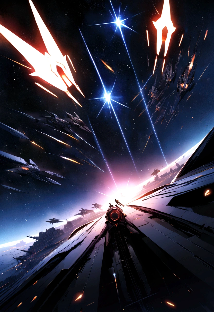 A dramatic picture,Shows a deep space battle in a far corner of the galaxy. A powerful pair, Sleek starships are engaged in a fierce battle, Their engines roar,Their shields gleamed,They face to face. There is aid and support all over the galaxy, Distant stars are visible in the background, Illuminated by the blue of the battlefield. The image covers the entire visible range of the human eye, Demonstrating the complexity of large-scale space combat. Wide-angle lens, Long-term contact, High contrast