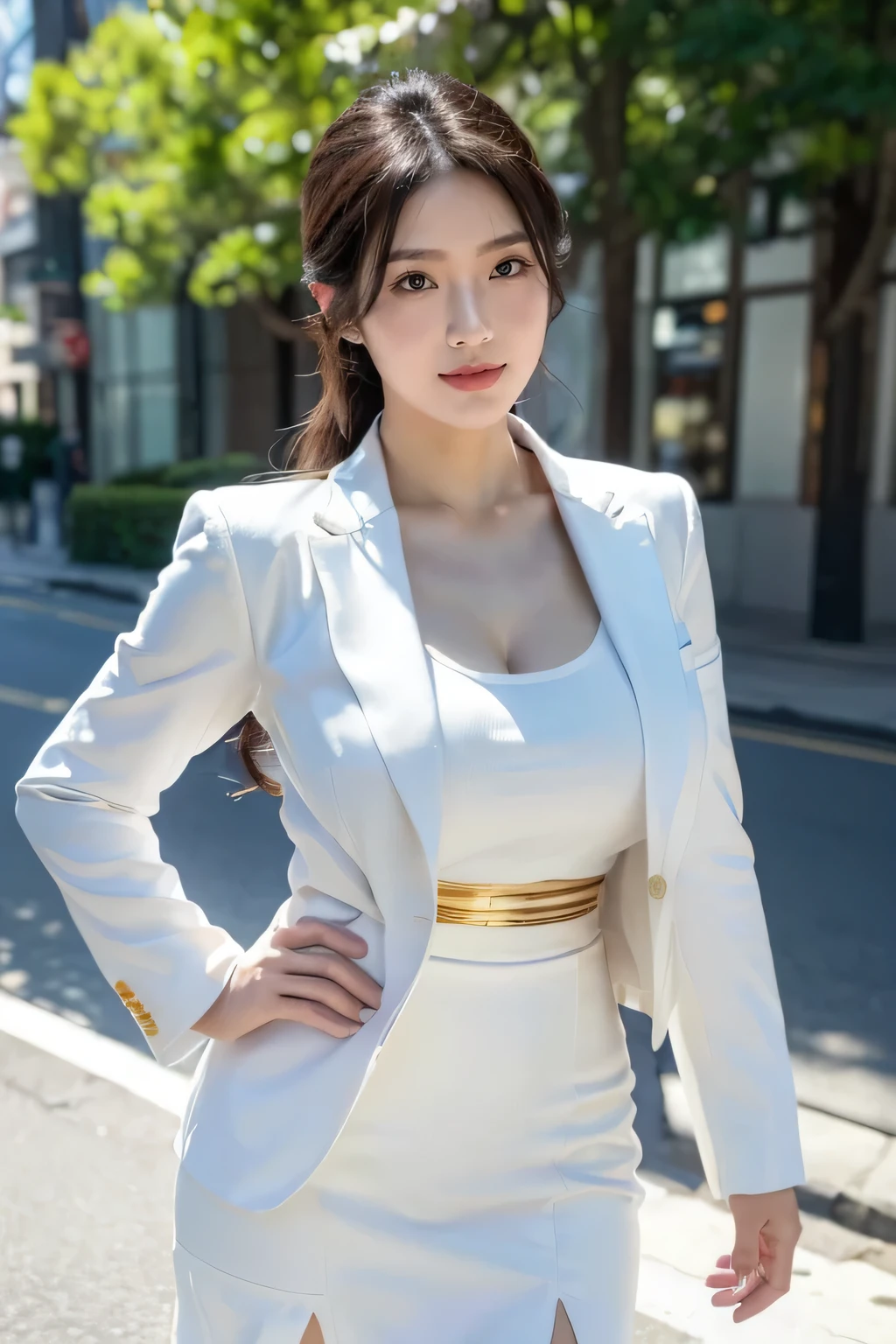 (8k, best quality, masterpiece, golden ratio composition,:1.3),(A beautiful Japanese mature female, 34 years old, Asian face, white suit, white mini skirt,smile:1.2), (huge breasts:1.1), (Zoom out shot:1.3), city,