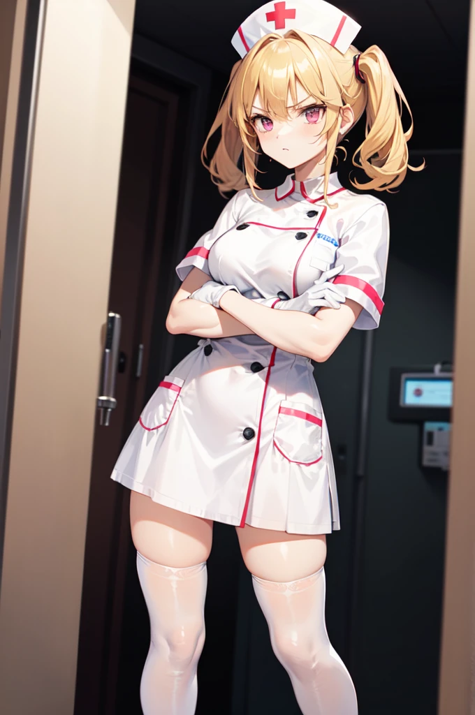 1girl, solo, nurse, nurse cap, white nurse uniform, ((white legwear, zettai ryouiki)), white gloves, twintails, yellow hair, purple eyes, angry, crossed arms, standing, ((hospital room)), sharp outline, short sleeves, best quality, masterpiece