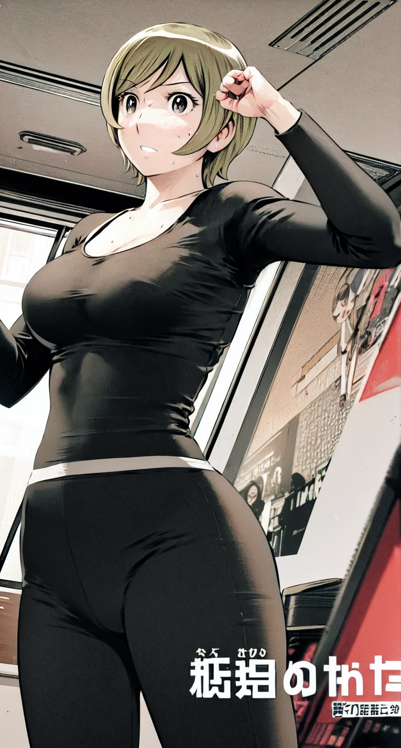 、(masterpiece、Highest quality)、Highest quality, Ultra-high resolution, (((masterpiece))), alone, Sweat、Big eyes,office、Tight white dress shirt、Tight black suit、Tight black pants、indoor、Composition from the front、(Cut the back hair short、short hair、blonde、woman)、Shortcuts、Embarrassed face、Cut your hair short、可愛いwomanの子、Big Breasts