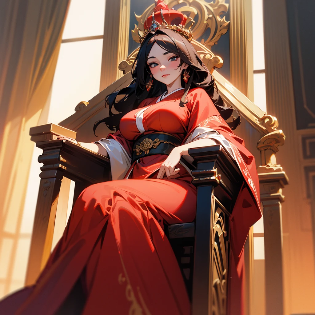 a woman with exaggerated large breasts, confident sitting on a throne, wearing a gorgeous red dress, a large ornate crown on her head, looking down at the viewer, detailed facial features, hyper-realistic, 8k, ultra-detailed, photorealistic, masterpiece, dramatic lighting, cinematic, oil painting、She is a Japanese woman、She is protected by the knights.