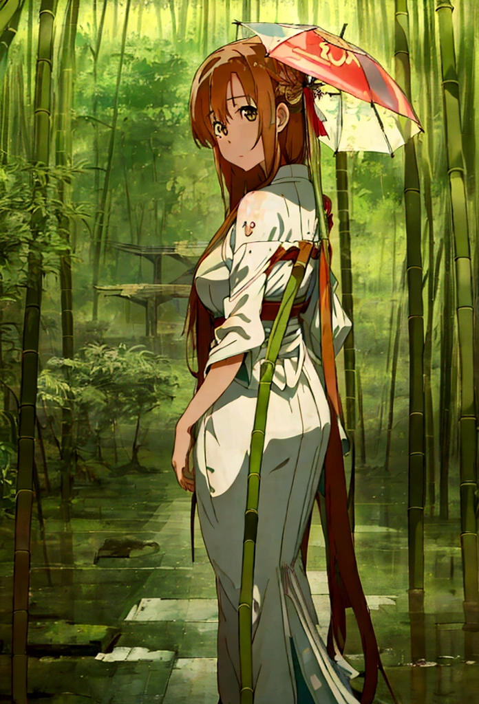 "(best quality,highres,masterpiece:1.2), working ofice ,serene bamboo forest,bamboo leaves gently falling in the wind,beautiful girl in kimono, holding umbrella, walking away from camera, full body wallpaper for mobile. from behind