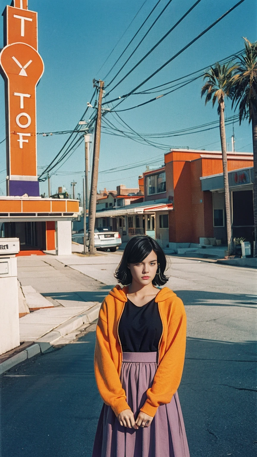 portrait of a 23 yo girl, (perfect natural breast) ,wear ((orange color oversized hoodie)), wear ((purple tennis skirt)),looking front,Best Quality,Masterpiece,Ultra High Resolution,(Realisticity:1.4),Original Photo, 1Girl, light leak,ultra high resolution,UHD,beautiful, (black bob hair), almond eye, no makeup, in front of (80's mondrian architecture motel), (realistic:1.2), (surreal:1.3), (very detailed:1.1), ((masterpiece)),summer, blue sky, palm trees,sunny, los angles vibes,film camera, 800mm lens,style of Philip Lorca diCorcia