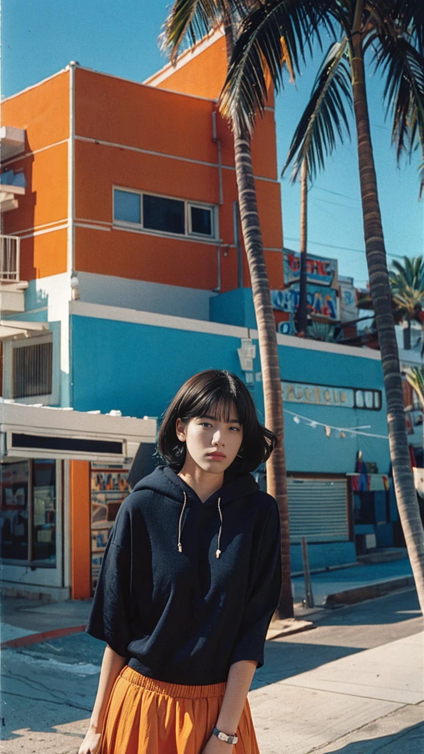portrait of a 23 yo girl, (perfect natural breast) ,wear ((orange color oversized hoodie)), wear ((purple tennis skirt)),looking front,Best Quality,Masterpiece,Ultra High Resolution,(Realisticity:1.4),Original Photo, 1Girl, light leak,ultra high resolution,UHD,beautiful, (black bob hair), almond eye, no makeup, in front of (80's mondrian architecture motel), (realistic:1.2), (surreal:1.3), (very detailed:1.1), ((masterpiece)),summer, blue sky, palm trees,sunny, los angles vibes,film camera, 800mm lens,style of Philip Lorca diCorcia